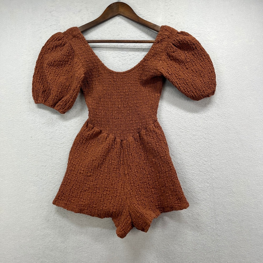 Saltwater Luxe Romper Womens XS Rust Brown Smocked Puff Sleeve Boho Cottagecore